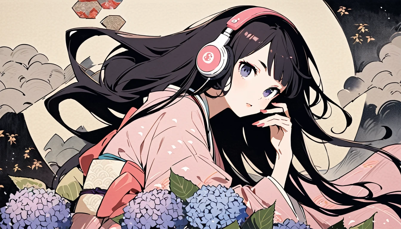 Highest quality, Katsushika Hokusai, Ink Painting, (((very straight longhair))), (((hydrangea))), (((Pale pink kimono))), Japanese style headphones, beautiful girl, Black Hair, Delicate and precise, Modern ukiyo-e style