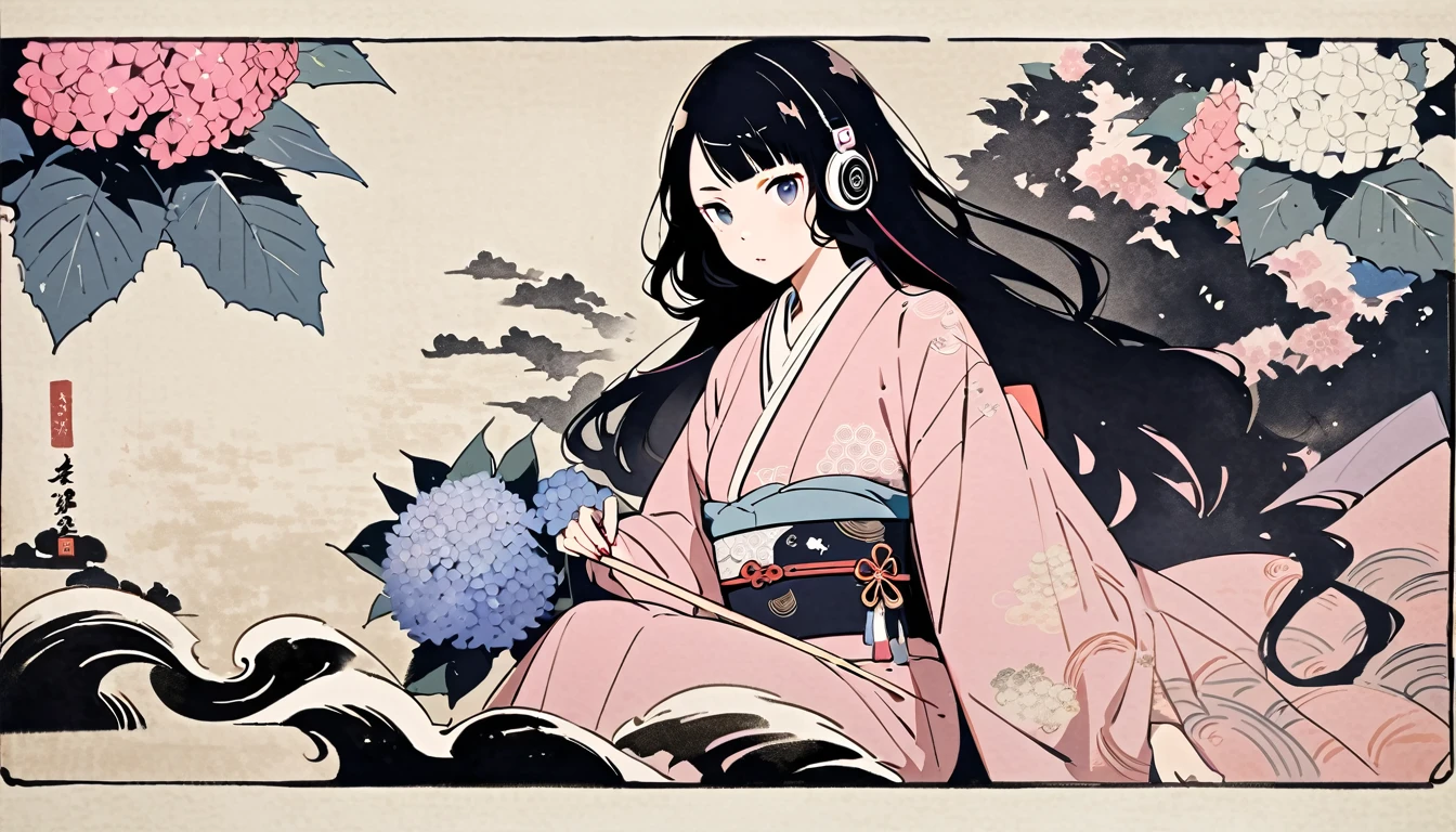 Highest quality, Katsushika Hokusai, Ink Painting, (((very straight longhair))), (((hydrangea))), (((Pale pink kimono))), Japanese style headphones, beautiful girl, Black Hair, Delicate and precise, Modern ukiyo-e style