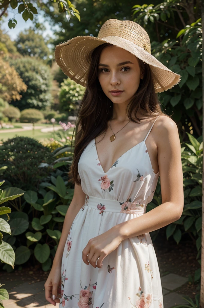 1girl in, 30 years old, Square face, Long hair, Looking at viewer, jewelry, Reality, Sexy, in a flowing A-line, floral dress complemented by a wide-brimmed hat, in a picturesque park or botanical garden