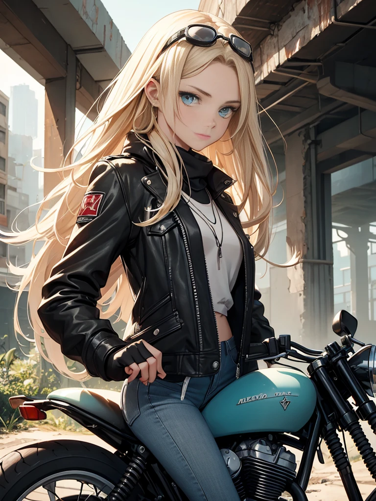 masterpiece, best quality,1girl,(watercolor painting):1.2,pencil sketch,BREAK,18 years old, (jitome), delicious flat chest, (cyan eyes):1.2, long hair, strait hair,blond hair,empty_eyes,BREAK(red_rune_forehead_tattoo):1.8,(put pilot goggles on head),BREAKdark green long-sleeved shirt,black denim shorts, fingerless gloves, Leather boots,Hip Hop, Punk Look, Chain, darkbrown leather jacket,Expressionless,small smile,BREAKA photorealistic image of a young girl, Eliana, about 18 years old, riding her vintage 1970s-style motorcycle through the ruins of an abandoned city at dusk. The scene captures her in a cowboy shot, riding intently through the decaying urban landscape. The ruins are filled with crumbled buildings, overgrown vegetation, and tered debris, providing a stark contrast to the magical glow emanating from her motorcycle. Eliana is in side profile, focused on her path, her long blonde hair flowing behind her. The background conveys a sense of desolation and mystery, enhancing the post-apocalyptic fantasy setting.BREAKmasterpiece, best quality, ultra detailed, highres,4k,(ultra-detailed:1.4), newest,BREAKduch angle,cowboy shot,