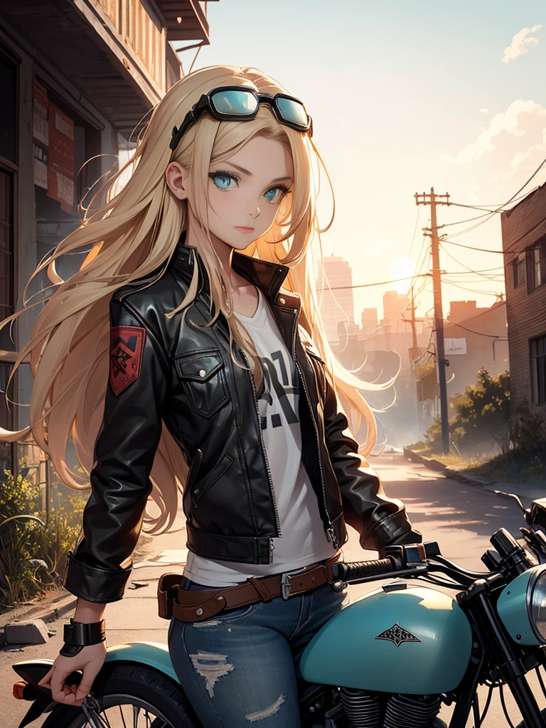 masterpiece, best quality,1girl,(watercolor painting):1.2,pencil sketch,BREAK,18 years old, (jitome), delicious flat chest, (cyan eyes):1.2, long hair, strait hair,blond hair,empty_eyes,BREAK(red_rune_forehead_tattoo):1.8,(put pilot goggles on head),BREAKdark green long-sleeved shirt,black denim shorts, fingerless gloves, Leather boots,Hip Hop, Punk Look, Chain, darkbrown leather jacket,Expressionless,small smile,BREAKA photorealistic image of a young girl, Eliana, about 18 years old, riding her vintage 1970s-style motorcycle through the ruins of an abandoned city at dusk. The scene captures her in a cowboy shot, riding intently through the decaying urban landscape. The ruins are filled with crumbled buildings, overgrown vegetation, and scattered debris, providing a stark contrast to the magical glow emanating from her motorcycle. Eliana is in side profile, focused on her path, her long blonde hair flowing behind her. The background conveys a sense of desolation and mystery, enhancing the post-apocalyptic fantasy setting.BREAKmasterpiece, best quality, ultra detailed, highres,4k,(ultra-detailed:1.4), newest,BREAKduch angle,cowboy shot,