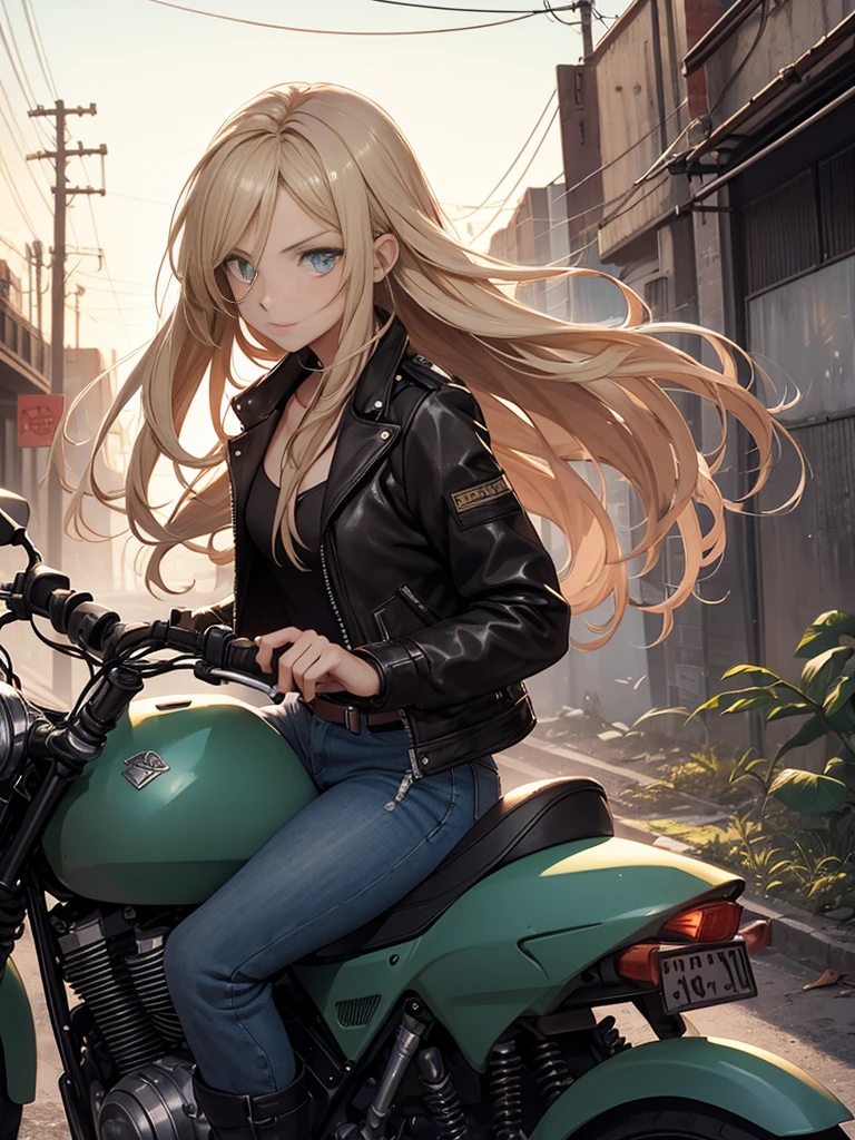 masterpiece, best quality,1girl,(watercolor painting):1.2,pencil sketch,BREAK,18 years old, (jitome), delicious flat chest, (cyan eyes):1.2, long hair, strait hair,blond hair,empty_eyes,BREAK(red_rune_forehead_tattoo):1.8,(put pilot goggles on head),BREAKdark green long-sleeved shirt,black denim shorts, fingerless gloves, Leather boots,Hip Hop, Punk Look, Chain, darkbrown leather jacket,Expressionless,small smile,BREAKA photorealistic image of a young girl, Eliana, about 18 years old, riding her vintage 1970s-style motorcycle through the ruins of an abandoned city at dusk. The scene captures her in a cowboy shot, riding intently through the decaying urban landscape. The ruins are filled with crumbled buildings, overgrown vegetation, and scattered debris, providing a stark contrast to the magical glow emanating from her motorcycle. Eliana is in side profile, focused on her path, her long blonde hair flowing behind her. The background conveys a sense of desolation and mystery, enhancing the post-apocalyptic fantasy setting.BREAKmasterpiece, best quality, ultra detailed, highres,4k,(ultra-detailed:1.4), newest,BREAKduch angle,cowboy shot,