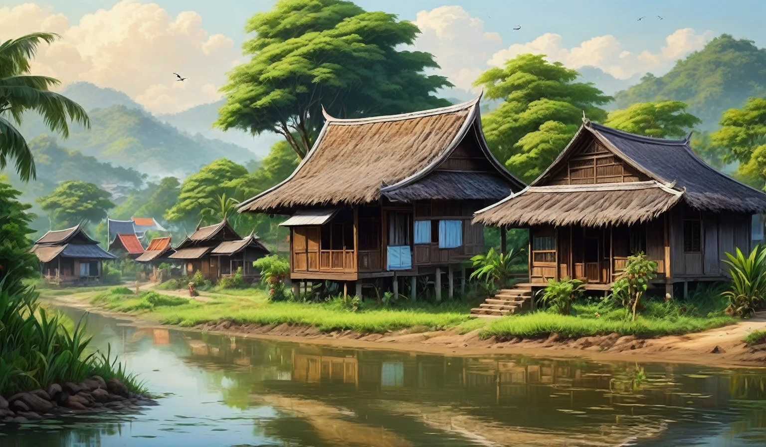 A small Thai-style village, a village in the countryside, realistic paintings, high quality.