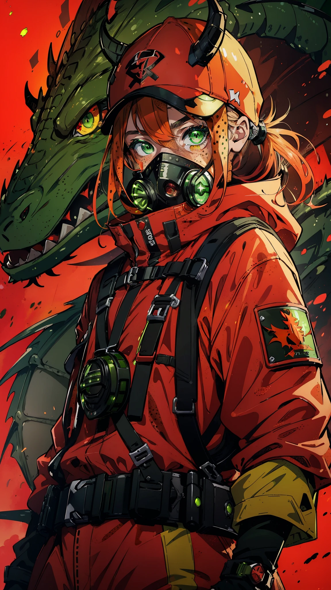 ((ager with freckles and bright green eyes):1.5), half-length shot, solid crimson background, yellow and black technological techwear outfit with a gas mask, ((a menacing red and black dragon design glowing behind)), action pose, detailed, abasterpiece)), ((best quality)), ultra detailed,((illustration)), dynamic angle, detailed light, (delicate eyes), (ahoge:0.8),apathy, ray,frontage,style of anime4 k, 4k anime wallpaper, badass anime 8 k, 4 k comic wallpaper