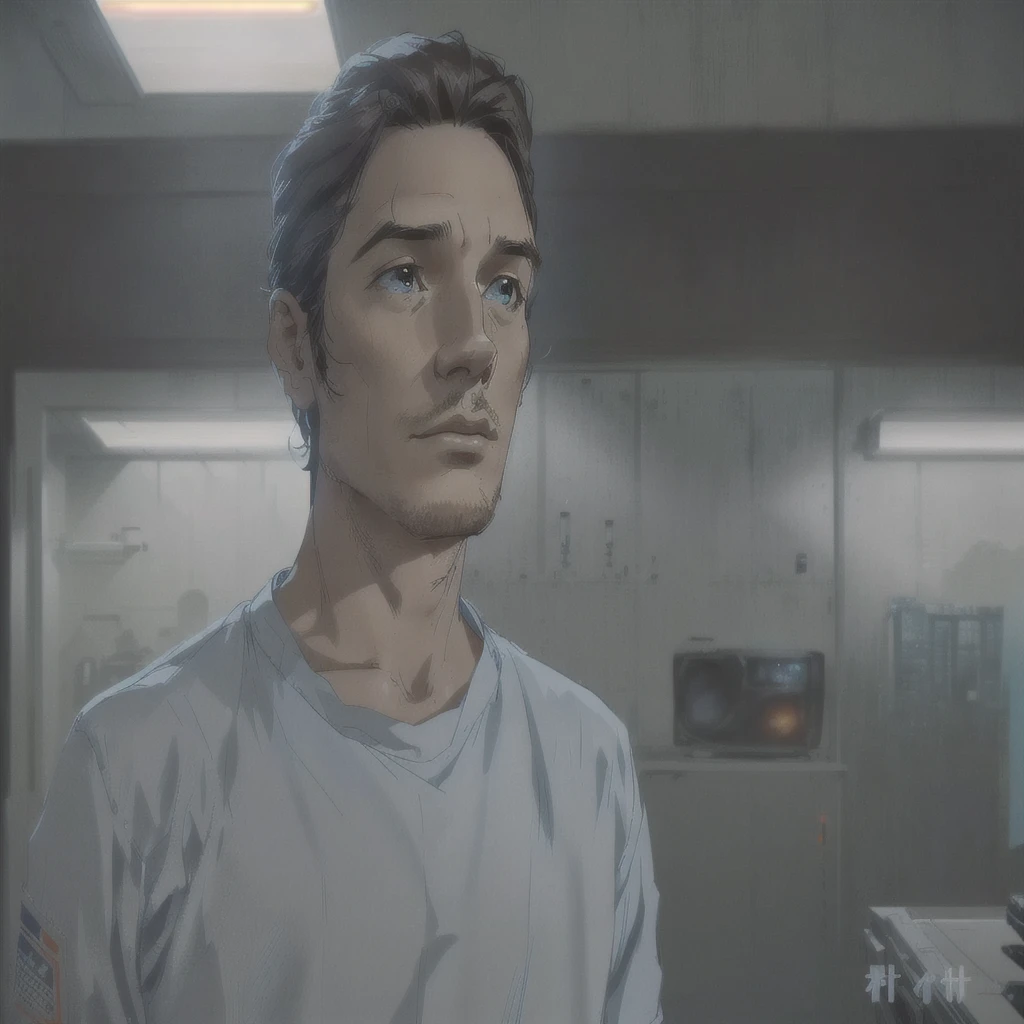 a man in a blue shirt standing in a room, screenshot from a movie, film shot, still from the film arrival, in the westworld show, frame from a movie, still frame from a movie, looking to his side, still image from the television series, still film shot, at the arrival of the movie, television advertisement, frame from a movie de acción real
