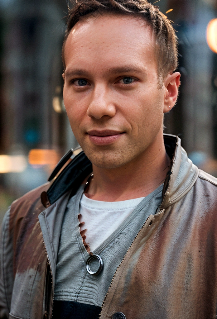 Portrait photo of a handsome male full body photo, perfect eyes, wearing a shabby mecha coat, ((light bokeh)), intricate, (steel metal [rust]), elegant, sharp focus, photo by Greg Rutkovsky, soft lighting, bright colors, masterpiece, (street)), detailed realistic face, close-up of the face, Todder8, Todder5