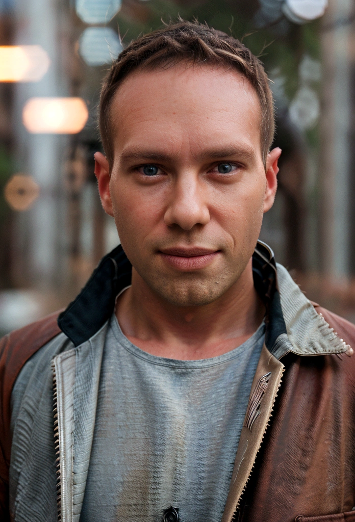 Portrait photo of a handsome male full body photo, perfect eyes, wearing a shabby mecha coat, ((light bokeh)), intricate, (steel metal [rust]), elegant, sharp focus, photo by Greg Rutkovsky, soft lighting, bright colors, masterpiece, (street)), detailed realistic face, close-up of the face, Todder8, Todder5