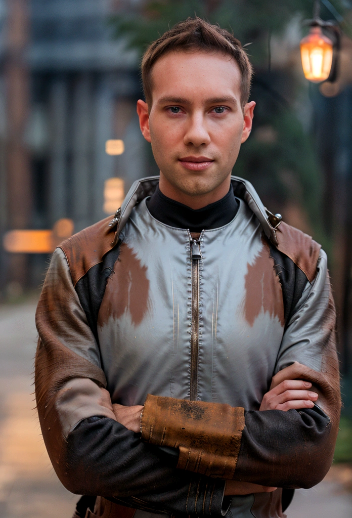 Portrait photo of a handsome male full body photo, perfect eyes, wearing a shabby mecha coat, ((light bokeh)), intricate, (steel metal [rust]), elegant, sharp focus, photo by Greg Rutkovsky, soft lighting, bright colors, masterpiece, (street)), detailed realistic face, close-up of the face, Todder8, Todder5