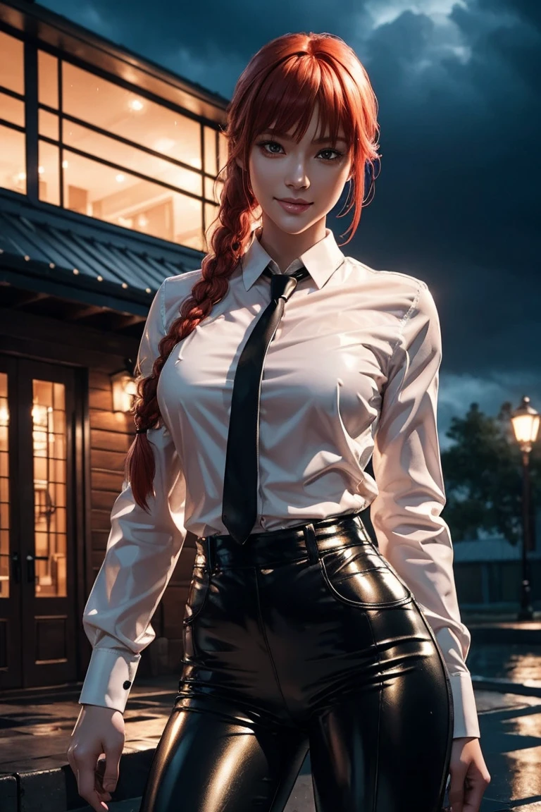 Chainsaw Man,Makima,With bangs,Red Hair,Braids at the back,Golden Eyes,White long sleeve shirt,Black tie,Black Leather Pants,Ultra HD,super high quality,masterpiece,Digital SLR,Photorealistic,Detailed details,Vivid details,Depicted in detail,A detailed face,Detailed details,Super Detail,Realistic skin texture,Anatomical basis,Perfect Anatomy,Anatomically correct hand,Anatomically correct fingers,Complex 3D rendering,y pose,Rainy Sky,Beautiful scenery,Fantastic rainy sky,Picturesque,Pink Lips,smile,