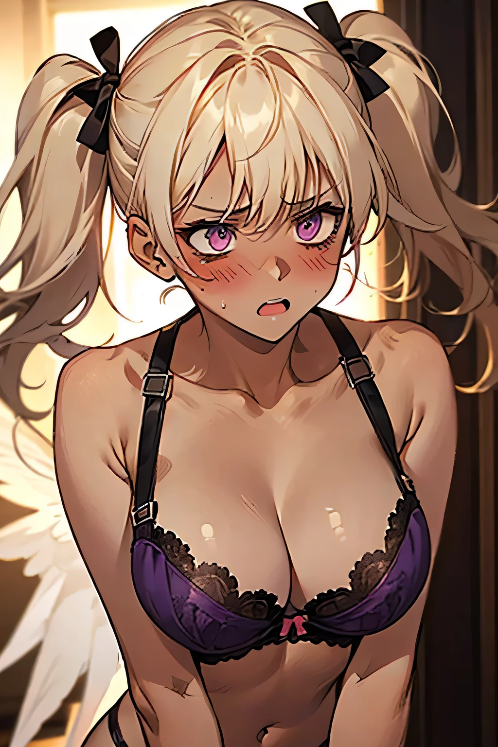 Twin tails,((blonde)),((anger:1.2)),((Embarrassing:1.1)),((Blush 1.5)),Purple eyes,Large Breasts,Dark purple bra,((Brown Skin:1.5)),Angel Wings,face down. Background is indoor,night.