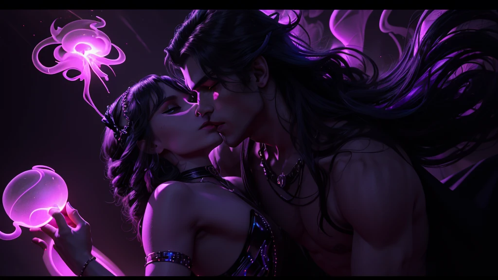 prince of darkness dancing with a beautiful sultry female, that's glowing in the darkness, temple of love in an ancient futuristic civilizations, neon colors, high detail, long shot, wide shot, 4K, 3D, REALISTIC, (iridescent glow smoke), UHD, 32K, very bold neon colors, black light, neon light