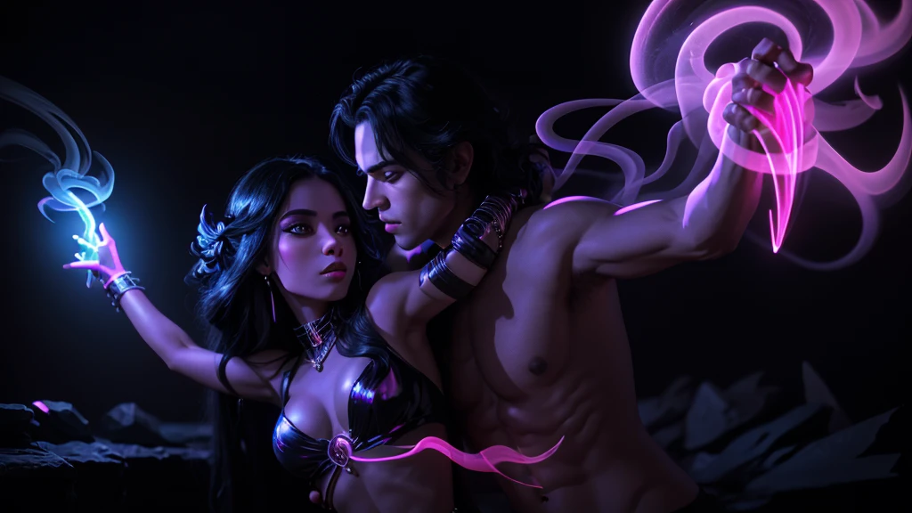 prince of darkness dancing with a beautiful sultry female, that's glowing in the darkness, temple of love in an ancient futuristic civilizations, neon colors, high detail, long shot, wide shot, 4K, 3D, REALISTIC, (iridescent glow smoke), UHD, 32K, very bold neon colors, black light, neon light