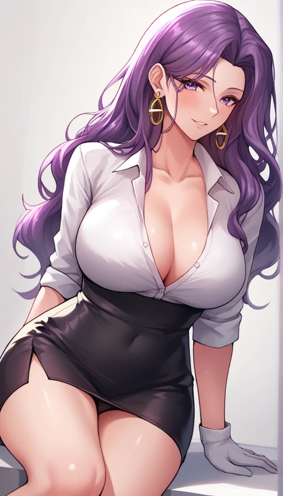 highest quality,masterpiece,High resolution,only,{Black business suit:1.40},{tie:1.20},{White gloves:1.15},{ White shirt:1.10}, {Black Skirt:1.15}, good looking, {Medusa_FGO:1.15}, length_hair, purple_hair, very_length_hair, purple_eye, chest, big_breasts,long earrings