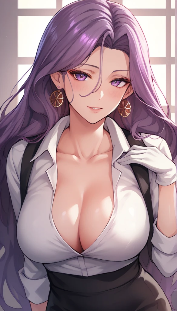 highest quality,masterpiece,High resolution,only,{Black business suit:1.40},{tie:1.20},{White gloves:1.15},{ White shirt:1.10}, {Black Skirt:1.15}, good looking, {Medusa_FGO:1.15}, length_hair, purple_hair, very_length_hair, purple_eye, chest, big_breasts,long earrings 