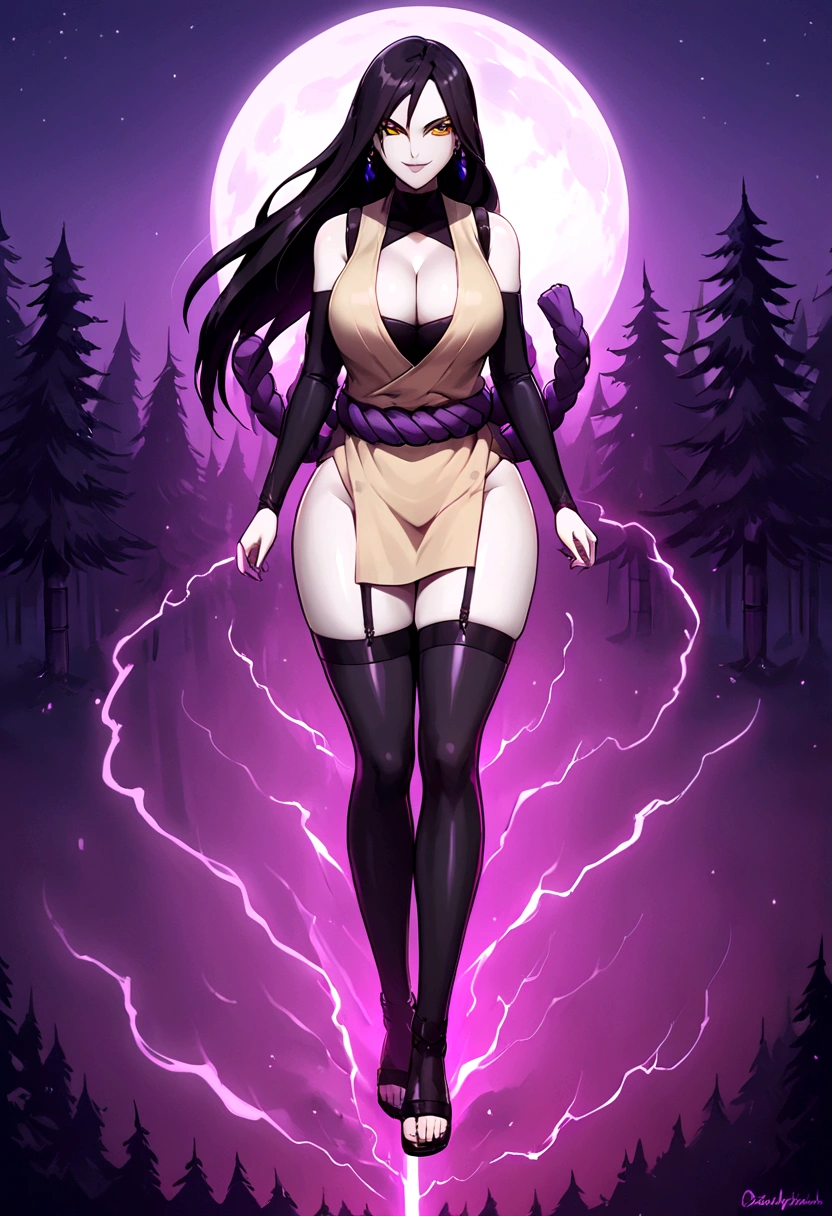 ((highest quality:1.2, Very detailed, Latest, Vibrant, Ultra-high resolution, High Contrast, masterpiece:1.2, highest quality, Best aesthetics), Beautiful female orochimaru, looking at viewer, oroch1maru, 1girl, source_pony, yellow eyes, slit pupils, black hair, long hair, purple eyeliner, hair over one eye, (pale skin:1.3), tan tunic, purple rope belt, sandals, earrings, solo, volumetric lightning, outdoors, bamboo forest, dark forest, night, moon, evil smug, 1girl, shiny skin, oiled skin, big breasts, cleavage, beautiful face, cleavage, wide hips, thic thighs, juicy ass, datailed legs, side cutoff, straps, net stockings, purple stockings, strong wind, garter,