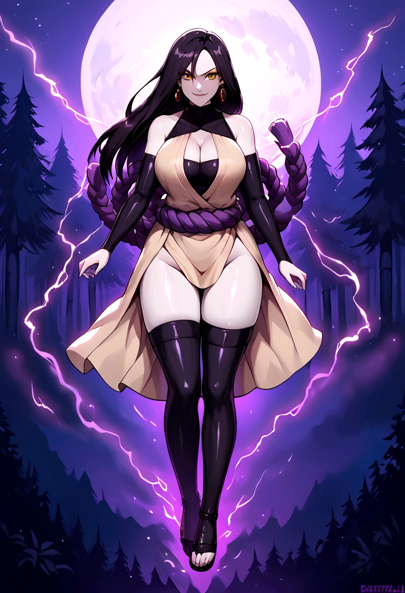 ((highest quality:1.2, Very detailed, Latest, Vibrant, Ultra-high resolution, High Contrast, masterpiece:1.2, highest quality, Best aesthetics), Beautiful female orochimaru, looking at viewer, oroch1maru, 1girl, source_pony, yellow eyes, slit pupils, black hair, long hair, purple eyeliner, hair over one eye, (pale skin:1.3), tan tunic, purple rope belt, sandals, earrings, solo, volumetric lightning, outdoors, bamboo forest, dark forest, night, moon, evil smug, 1girl, shiny skin, oiled skin, big breasts, cleavage, beautiful face, cleavage, wide hips, thic thighs, juicy ass, datailed legs, side cutoff, straps, net stockings, purple stockings, strong wind, garter,