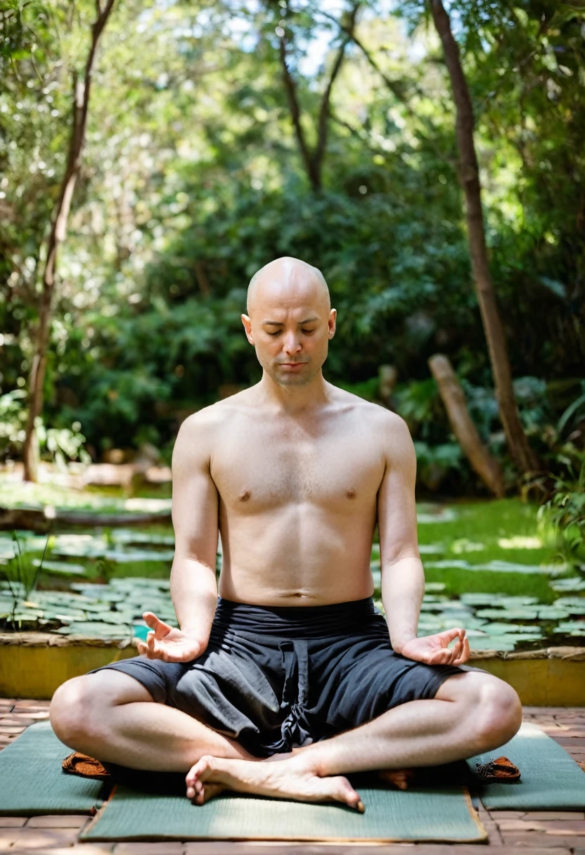 A high-quality image of a strong Buddhist monk sitting in profound meditation in the middle of a dense forest. The monk is muscular with a shaved head, wearing no top showing reallybig muscle. He is seated in the lotus position on a large, moss-covered rock.