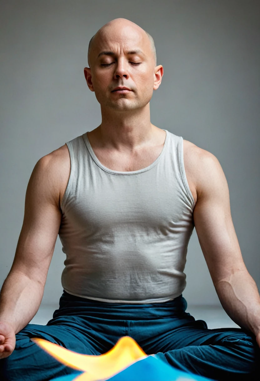 naughty man, offwhite, without hair, baldie, brooding, meditation, sitting cross-legged, de olhos fechados, in an external area, trees in the background, defocused