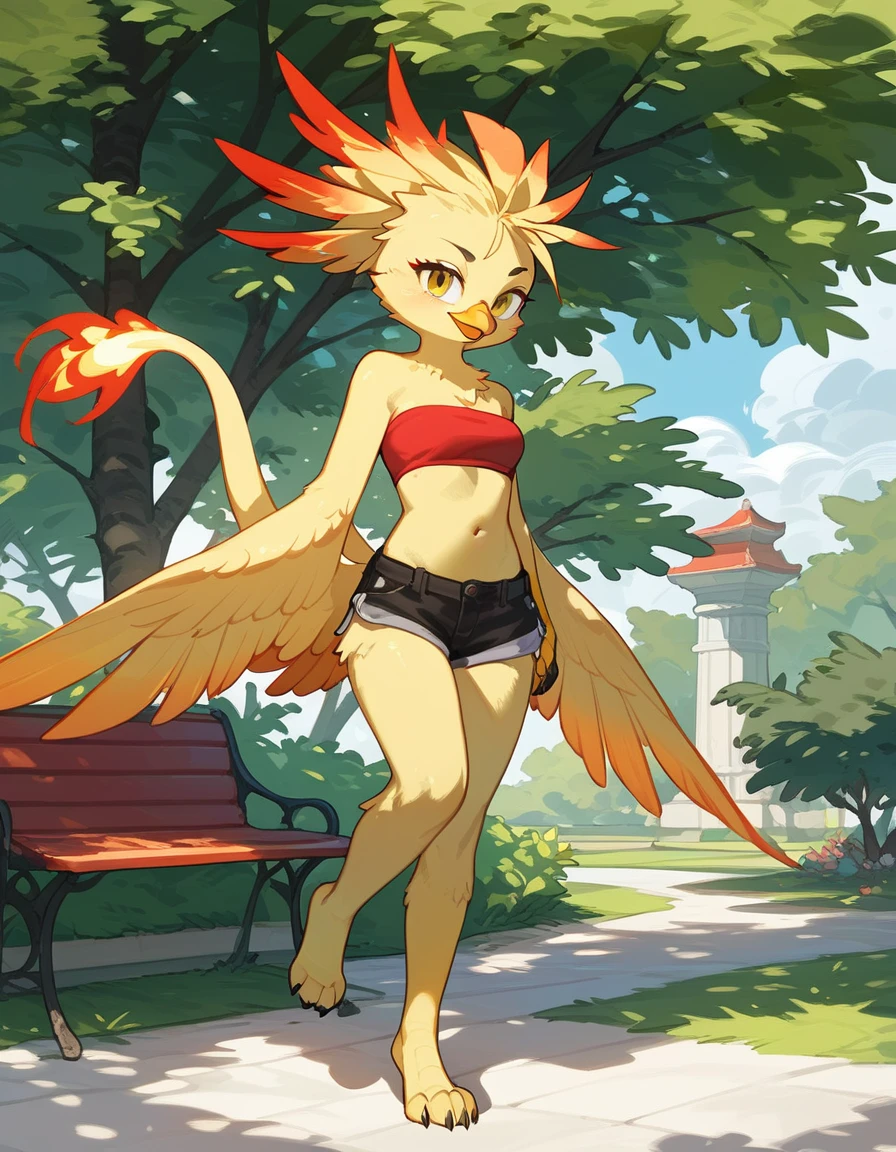 score_9, score_8_up, score_7_up, source_furry, an Anthro phoenix girl, avian female, red and yellow body, spikey yellow hair, red bandeau, black short shorts, barefoot, standing, closed wings, yellow eyes, outdoors, at a park, seductive