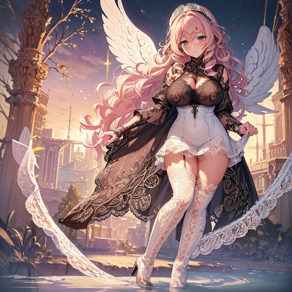 ((Highest quality)),(Ultra-high resolution),(Very detailed),(Detailed Description),((The best CG)),(A masterpiece),Ultra-detailed art,Amazing painting art,(Works with precise details:1.5), (1 female:1.6),(Beautiful and well-proportioned face:1.5),(Curly Hair:1.6),(Intricately detailed sexy lace dress:2.0),Fine jewellery with exquisite detailing:1.5,Waist Accessories:1.5,Look at me and smile:1.5, (See-through nipples), Angel Girl, (((Magnificent white angel wings on his back:1.2))), Mature Woman,Descended into the church,(Pastel colored hair:1.3),(Red and black long high heel boots:1.4), (garter belt), (stockings)、 (Floating in the sky with magical powers:1.2),(Floating skirt:1.5), (Embarrassed expression, blush:1.2),(bracelet), (Sparkling Eyes)、(full body)、(multiple views)