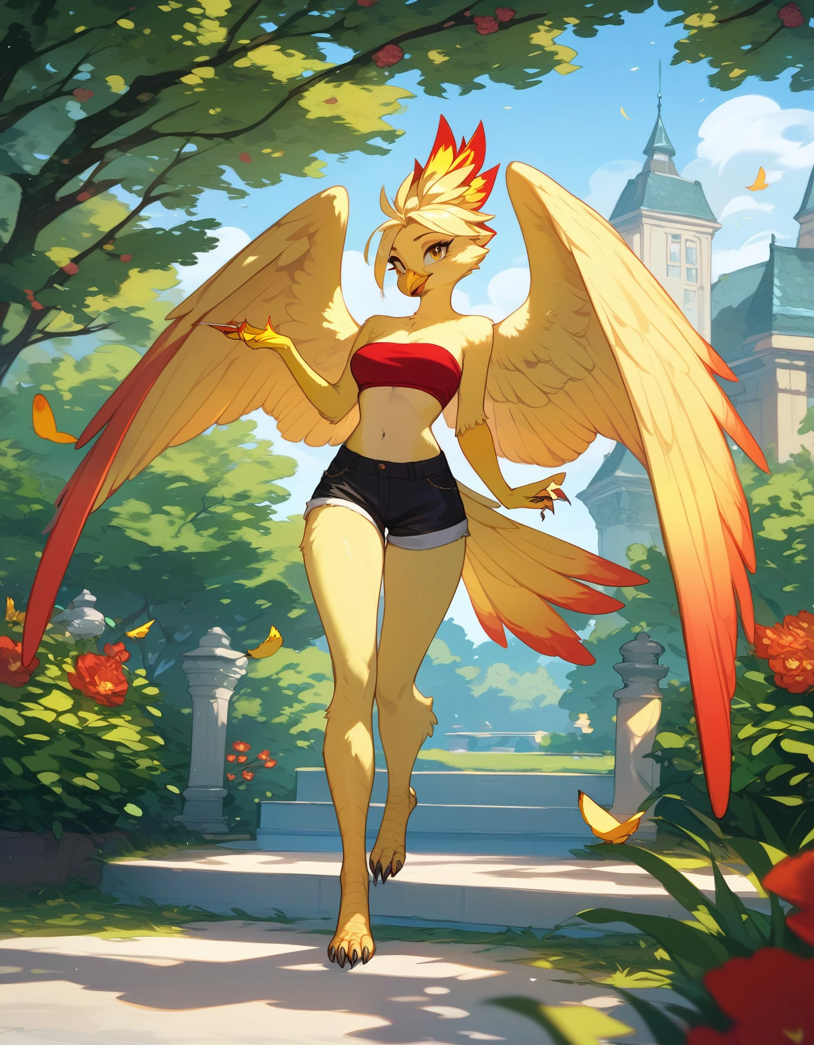 score_9, score_8_up, score_7_up, an Anthro phoenix girl, avian female, red and yellow body, spikey yellow hair, wearing elegant Haori, red bandeau, black short shorts, barefoot, standing, closed wings, yellow eyes, outdoors, at a park, seductive
