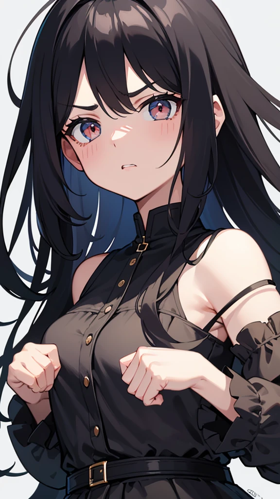 1 girl, Black Hair, (Wear a black hood) (school uniform) formal, Ghost, Ghost hair, Hair above one eye, Long Hair, (One eye is covered)Flat Chest