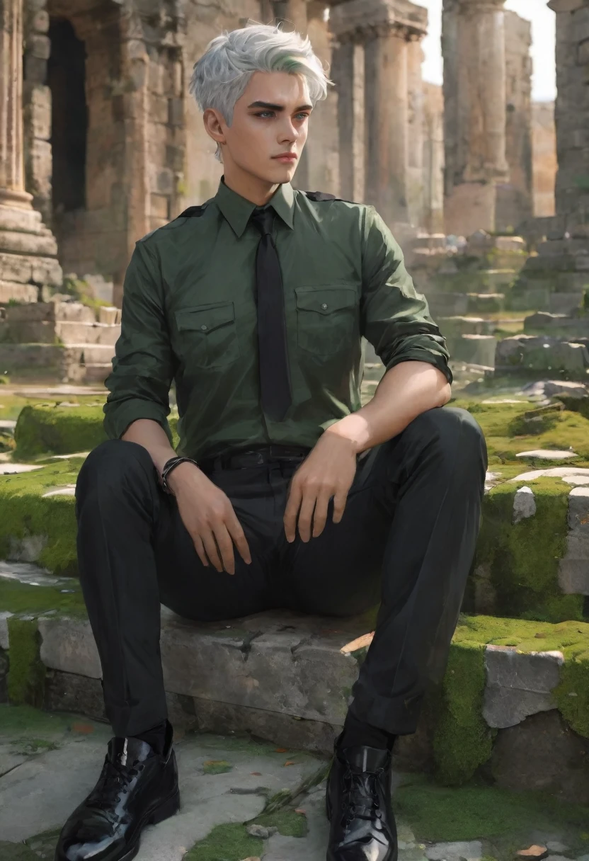 A man with a toned body, motorcycle, Solitary, White hair, Moss green tone hair, short hair, ((Black and gray social shirt, Black and gray trousers)), Black social shoes, Serious look, Light green eyes, Ancient ruins, Black Tie.