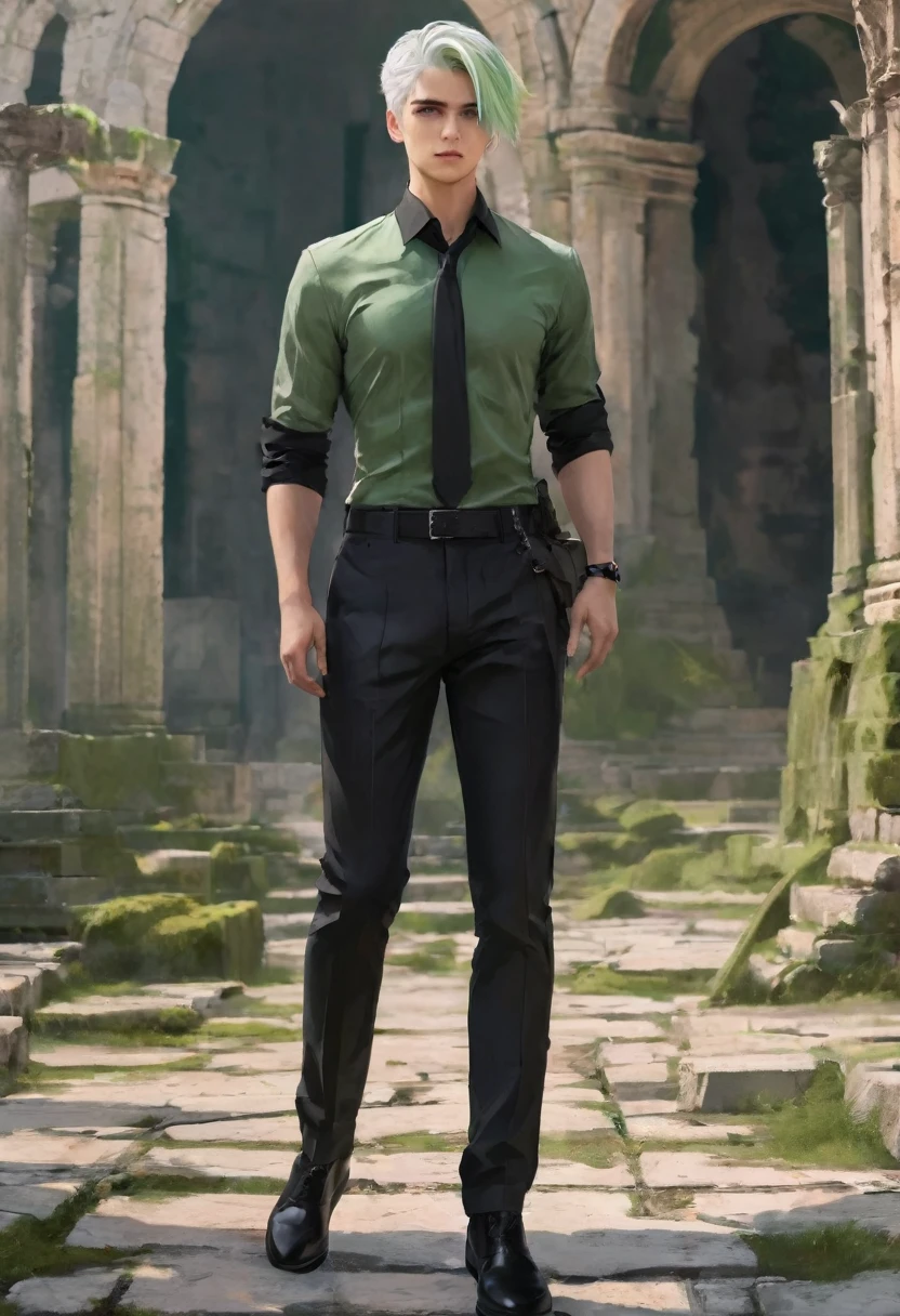 A man with a toned body, motorcycle, Solitary, White hair, Moss green tone hair, short hair, ((Black and gray social shirt, Black and gray trousers)), Black social shoes, Serious look, Light green eyes, Ancient ruins, Black Tie.