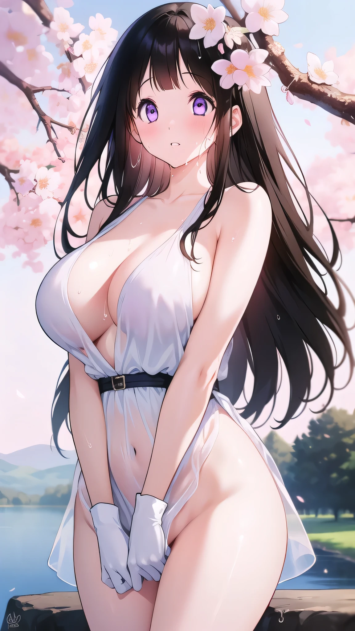 Amazing Chitanda, There is only one beautiful girl,Purple Eyes, Black Hair, Very red face,Very white skin,Glowing skin,Skin as delicate as porcelain,Naturally straight hair, Straight bangs,Extremely refined,Open lips,Long flowing hair,Beautiful Girl, Like a dream,Slim,Slim waist,soft, (sensuous), (Kawaii), Dream quality,Beautiful big breasts,Sheer loose dress,areola,Completely naked,Lower edge of breast,White gloves,Flower decoration,Deep V neckline,Loose neckline,White lace-up,Wide neckline,Walking in school,Place your hands on your inner thighs,Thighs clamp hands,Wet skin,Sweaty and sweaty,Sweating all over,Underwear Rain,Next to the cherry blossom trees,Back to,Lean over,Hips,Side body,Gluteal groove,Completely naked buttocks,Bare back,Completely naked back,Light transmission,(no pants),nopan,pussy juice,Bare shoulders,There are no shoulder straps,Bare neck,Exposed collarbone,Exposing breasts,Exposing breasts side,Exposing breasts,Show your waist,Show your buttocks,Show your thighs,Exposing the groin,(No pants),extremely shy,Ultra-high resolution, (masterpiece:1.2, best quality), (Delicate and beautiful eyes: 1.2), (Beautiful and delicate face)