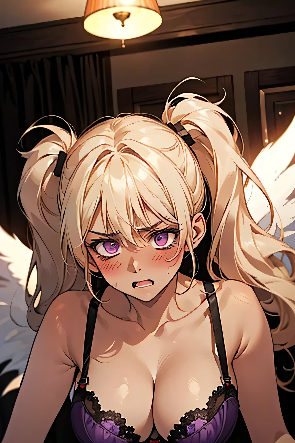 Twin tails,((blonde)),((anger:1.2)),((Embarrassing:1.1)),((Blush 1.5)),Purple eyes,Large Breasts,Dark purple bra,((Brown Skin:1.5)),Angel Wings,face down. Background is indoor,night.