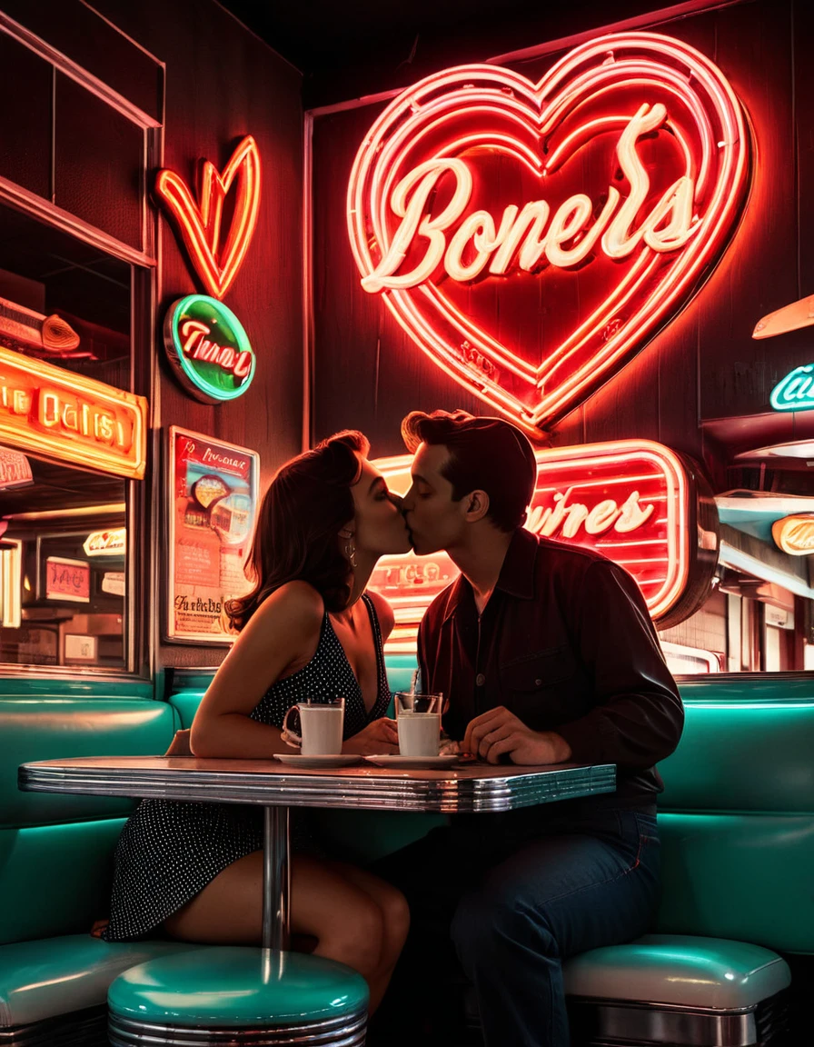 A retro neon art piece featuring the silhouette of a couple kissing at a diner, with neon signs and heart shapes in the background, evoking a nostalgic 1950s vibe
