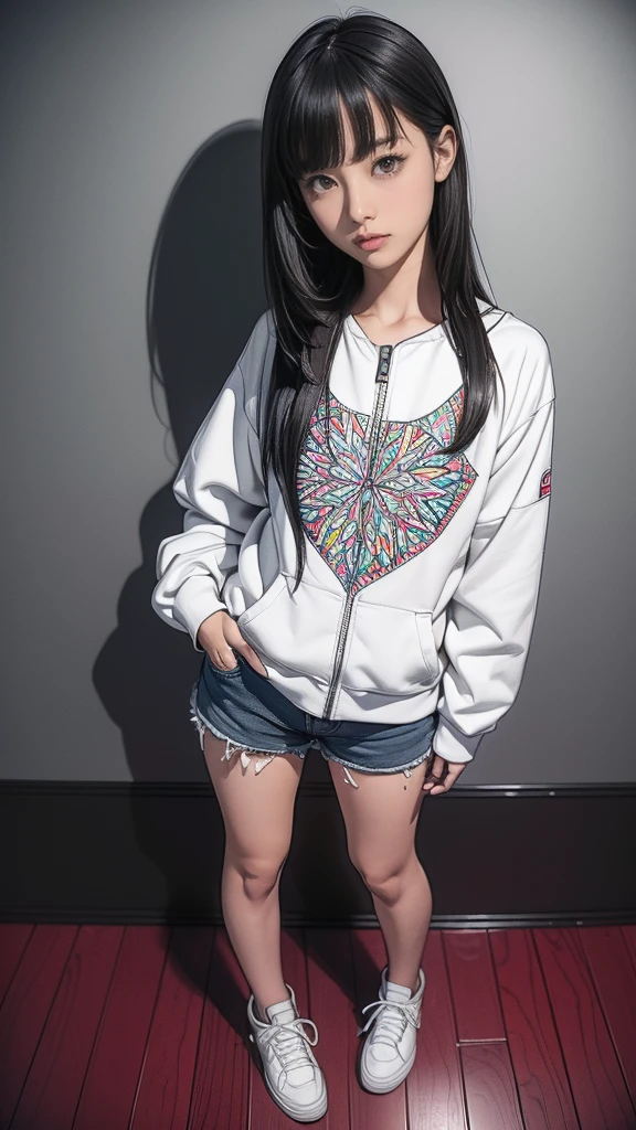 (((Highly detailed CG unit 8K wallpaper:1.2, masterpiece, High resolution:1.2, Highest quality:1.2, Tabletop))), ((A very beautiful 13 year old girl, (Very good:1.5), Put your hands in your pockets:1.8, Grunge Fashion:1.2, wear a blouson:1.2, Wearing shorts, Thin thighs, Putting on your shoes)), ((Highly detailed face, Highly detailed black eyes, Highly detailed body, Highest qualityのリアルテクスチャスキン)), (Black-haired, Hair length:1.2, White skin, small:1.2), ((Colorful geometric patterns are painted all over the wall...., Colorful wall)), (High Angle:1.2, Fisheye Lens:1.3), Surreal, Digital Painting,