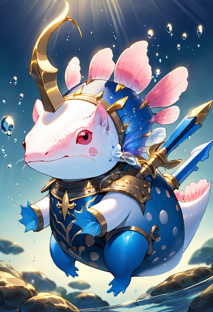 deep blue metal armor based off of an axolotl with a gold and blue trident that has water floating around it