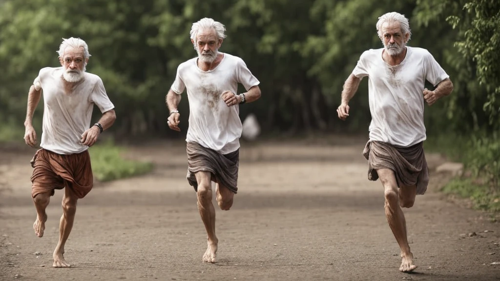 1 beggar white man running, the man has white hair, the man looks ahead, wears a brown t-shirt in rags, barefoot, HD, ultrarealistic