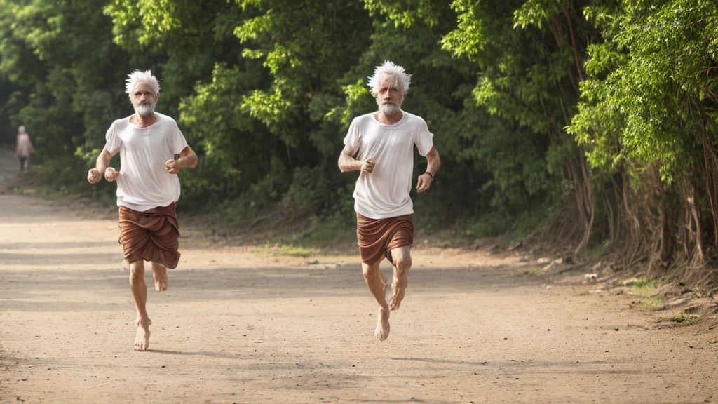 1 beggar white man running, the man has white hair, the man looks ahead, wears a brown t-shirt in rags, barefoot, HD, ultrarealistic