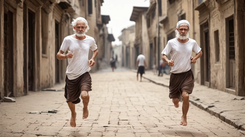 1 beggar white man running, the man has white hair, the man looks ahead, wears a brown t-shirt in rags, barefoot, HD, ultrarealistic