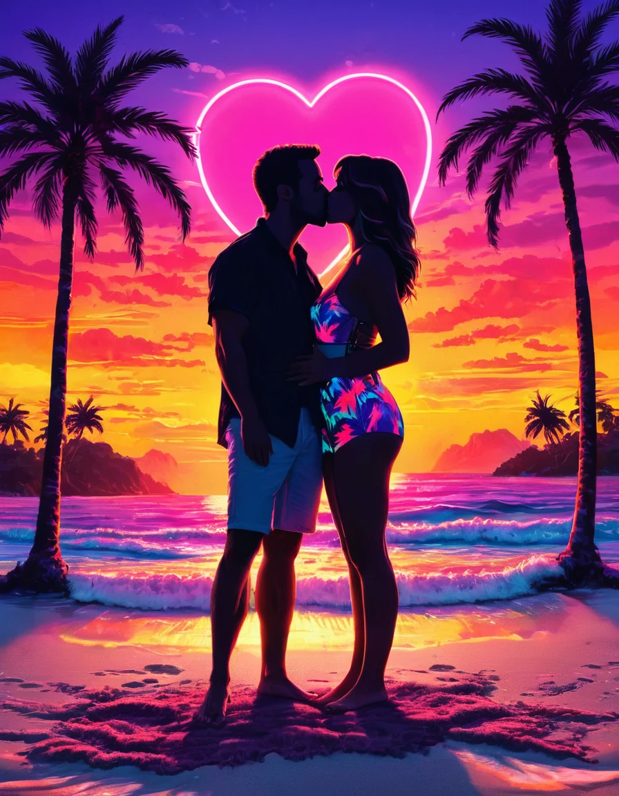 A vibrant neon art piece featuring the silhouette of a couple kissing on a beach at sunset, with neon heart shapes and palm trees in the background, creating a tropical romantic scene.