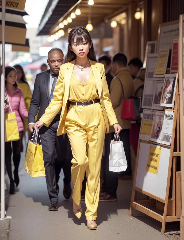 a wolf with human female body fully covered,shopping at long outdoor animal market,night:1.4,ancient shop theme:1.4,(realistic lighting effects:1.4,raw photo,wear loose bright yellow formal suit,masterpiece:1.2, best quality:1.4,photorealistic:1.4