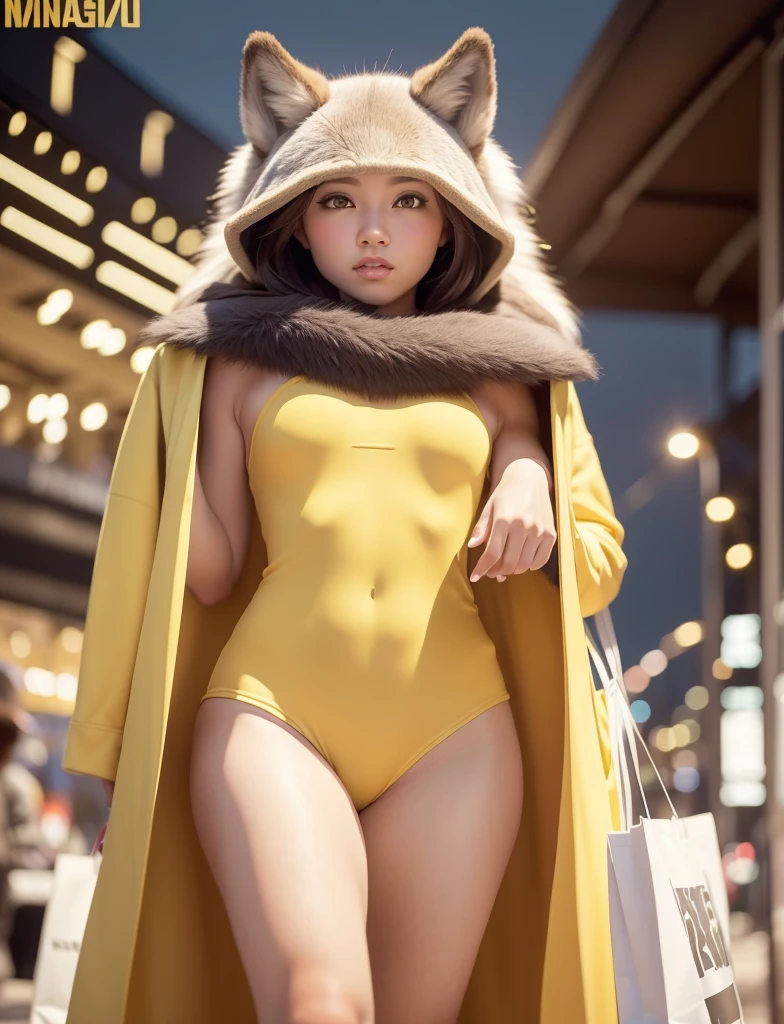 a wolf with human female body fully covered,shopping at long outdoor animal market,night:1.4,ancient shop theme:1.4,(realistic lighting effects:1.4,raw photo,wear loose bright yellow formal suit,masterpiece:1.2, best quality:1.4,photorealistic:1.4