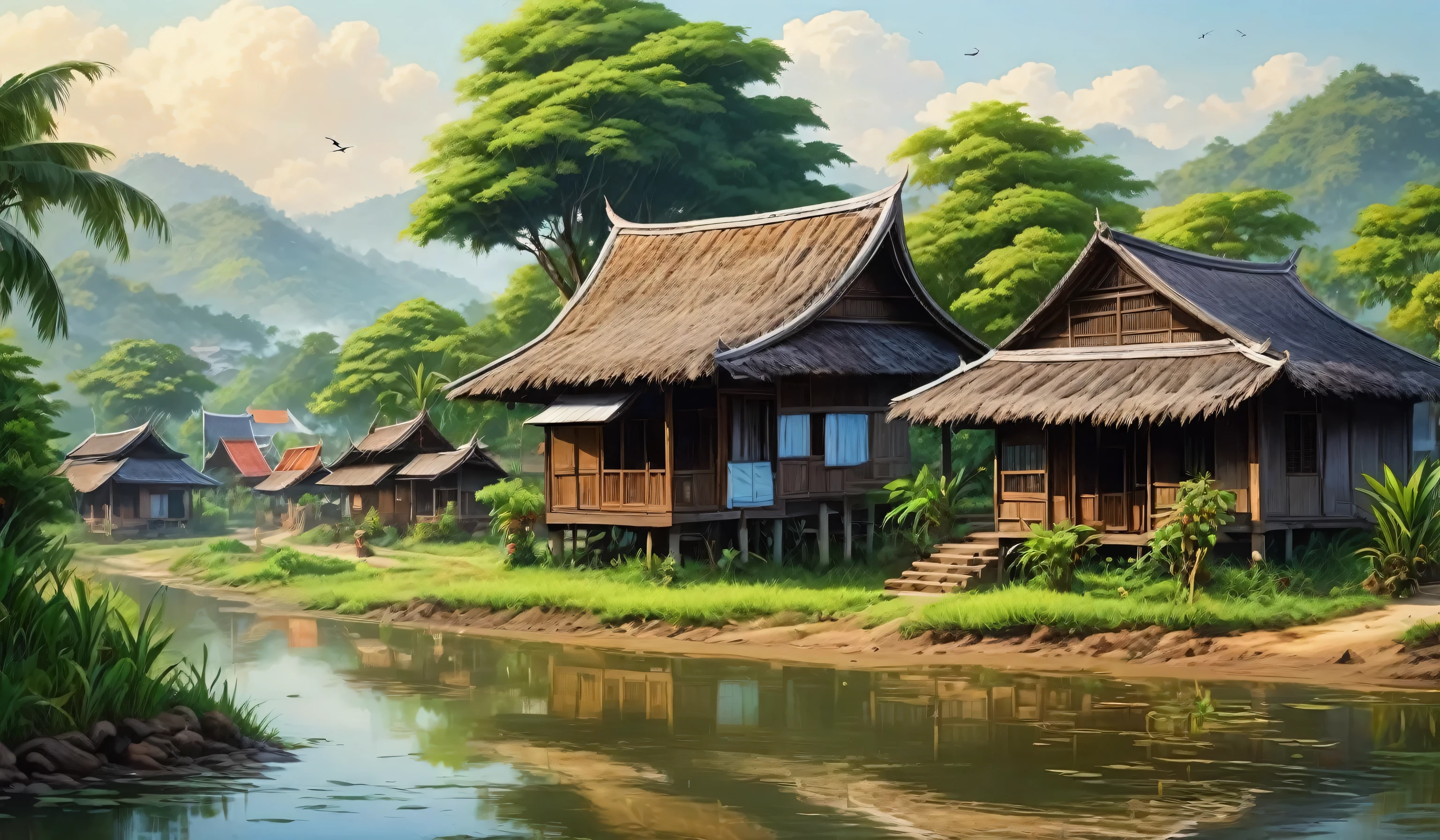 A small Thai-style village, a village in the countryside, realistic paintings, high quality.