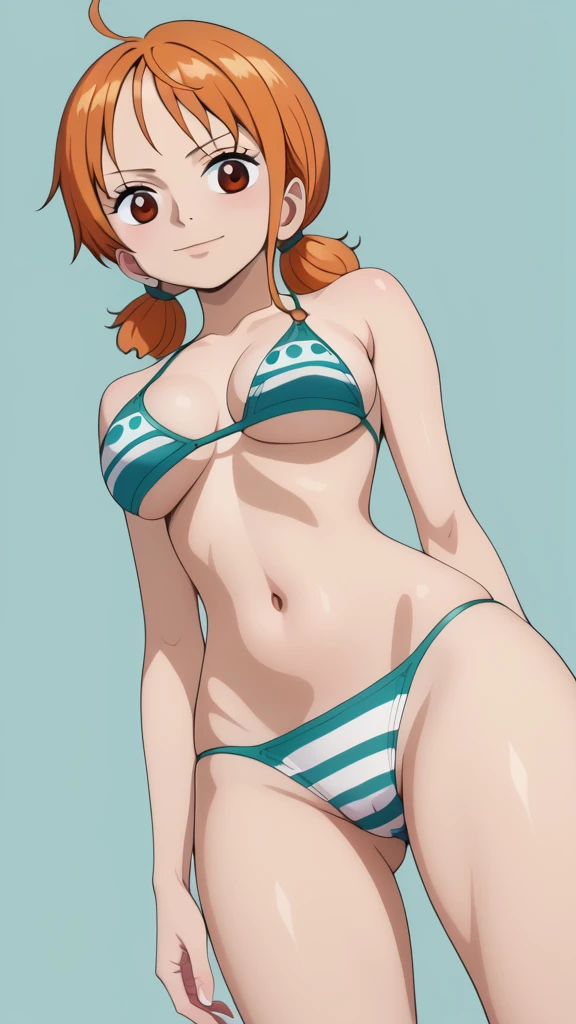 solo,
Nami,1girl,orange hair,brown eyes,
twintails,