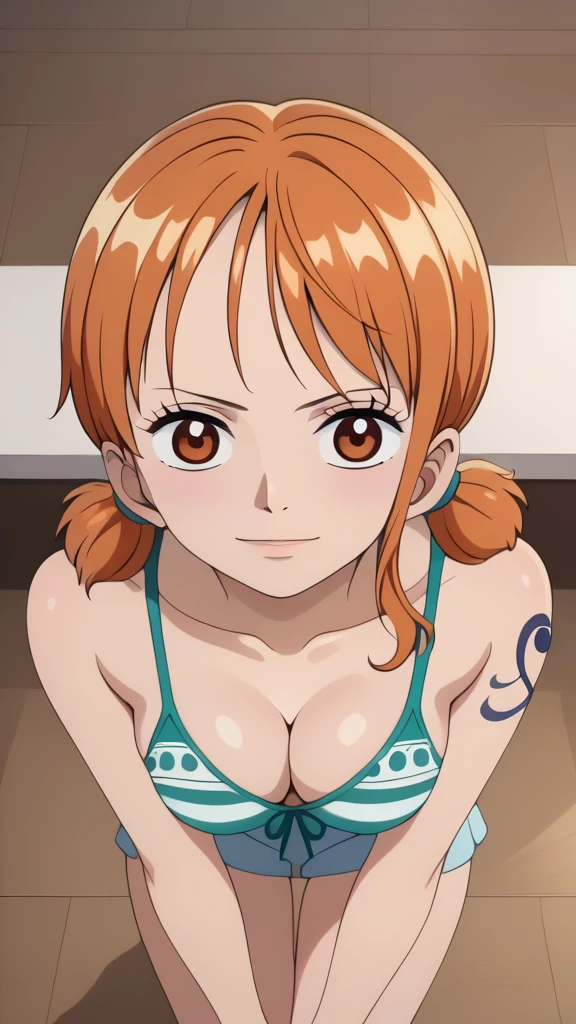 solo,
Nami,1girl,orange hair,brown eyes,
twintails,