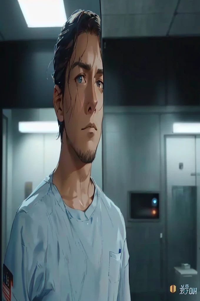 a man in a blue shirt standing in a room, screenshot from a movie, film shot, still from the film arrival, in the westworld show, frame from a movie, still frame from a movie, looking to his side, still image from the television series, still film shot, at the arrival of the movie, television advertisement, frame from a movie de acción real