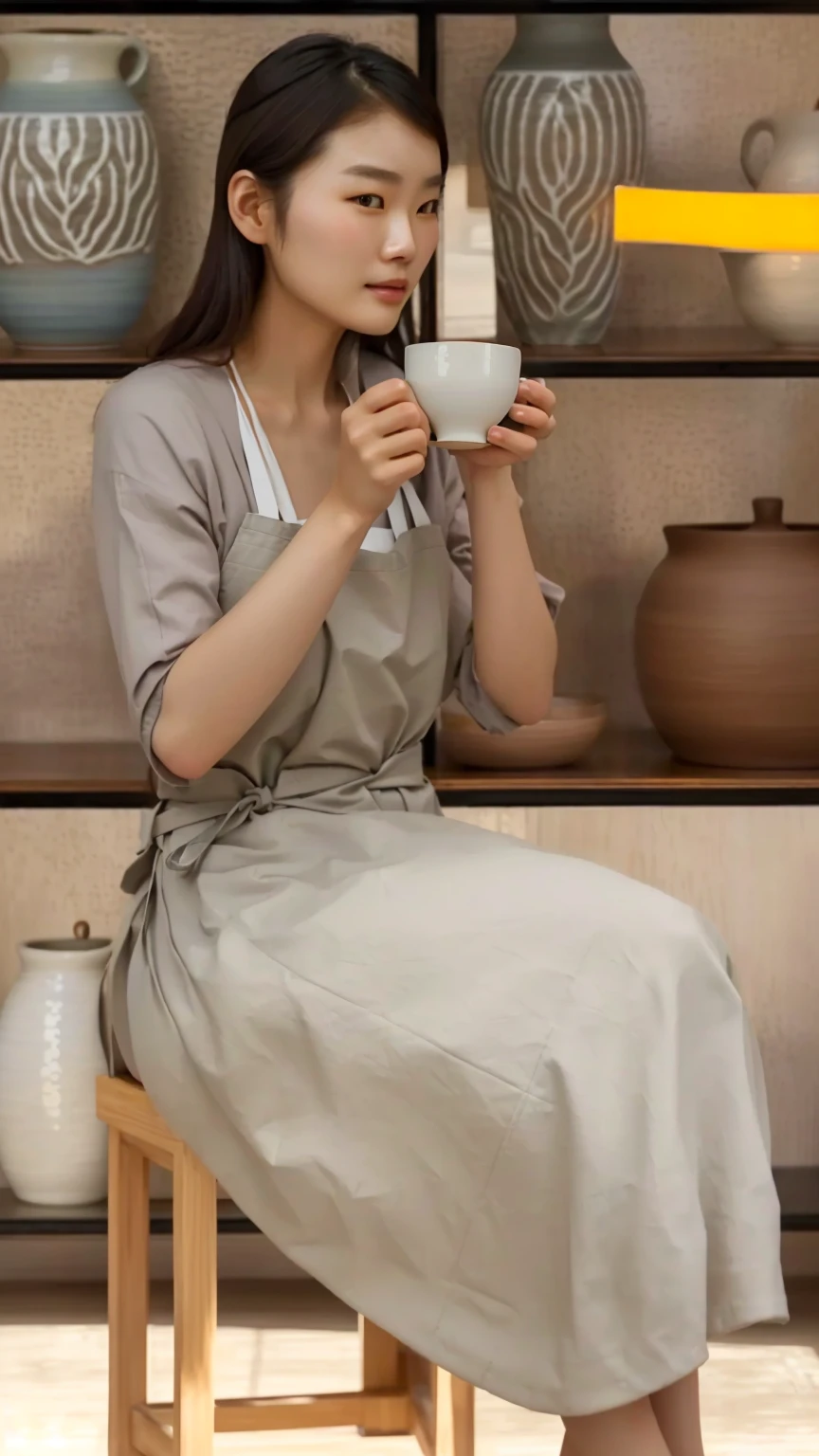 there is a woman sitting on a chair holding a cup, designed for cozy aesthetics!, woman drinking coffee, sitting on a mocha-colored table, candid portrait photo, detailed image, tea ceremony scene, ad image, beige, indoor scene, warm and joyful atmosphere, promo image, inspired by Ni Yuanlu, drinking tea, mysterious coffee shop girl, nostalgic atmosphere, arafed woman in a gray shirt and white apron making a bowl, korean woman, ceramic, pottery, shin min jeong, inspired by Kim Du-ryang, inspired by Yukimasa Ida, clay, artisan, lee ji-eun, lee ji - eun, joy ang, asian woman, inspired by Sawa Sekkyō, sun yunjoo