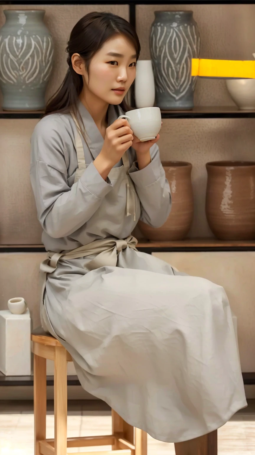 there is a woman sitting on a chair holding a cup, designed for cozy aesthetics!, woman drinking coffee, sitting on a mocha-colored table, candid portrait photo, detailed image, tea ceremony scene, ad image, beige, indoor scene, warm and joyful atmosphere, promo image, inspired by Ni Yuanlu, drinking tea, mysterious coffee shop girl, nostalgic atmosphere, arafed woman in a gray shirt and white apron making a bowl, korean woman, ceramic, pottery, shin min jeong, inspired by Kim Du-ryang, inspired by Yukimasa Ida, clay, artisan, lee ji-eun, lee ji - eun, joy ang, asian woman, inspired by Sawa Sekkyō, sun yunjoo