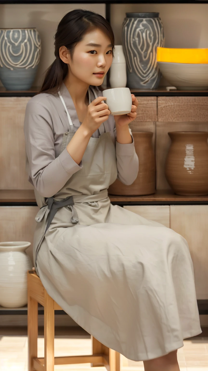 there is a woman sitting on a chair holding a cup, designed for cozy aesthetics!, woman drinking coffee, sitting on a mocha-colored table, candid portrait photo, detailed image, tea ceremony scene, ad image, beige, indoor scene, warm and joyful atmosphere, promo image, inspired by Ni Yuanlu, drinking tea, mysterious coffee shop girl, nostalgic atmosphere, arafed woman in a gray shirt and white apron making a bowl, korean woman, ceramic, pottery, shin min jeong, inspired by Kim Du-ryang, inspired by Yukimasa Ida, clay, artisan, lee ji-eun, lee ji - eun, joy ang, asian woman, inspired by Sawa Sekkyō, sun yunjoo