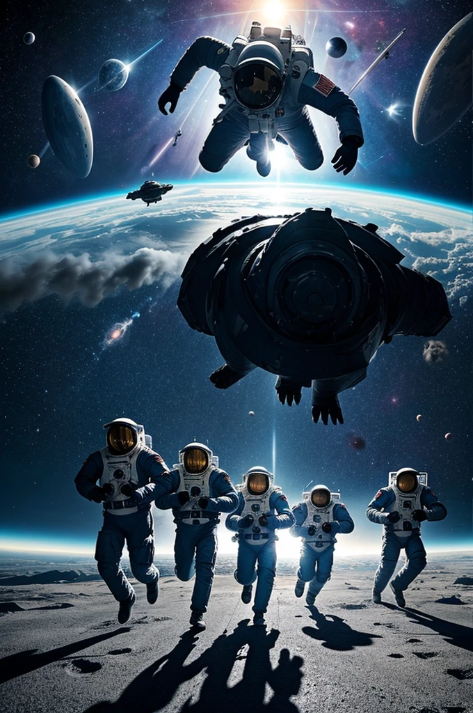 Three astronaut guys running from a giant space beast