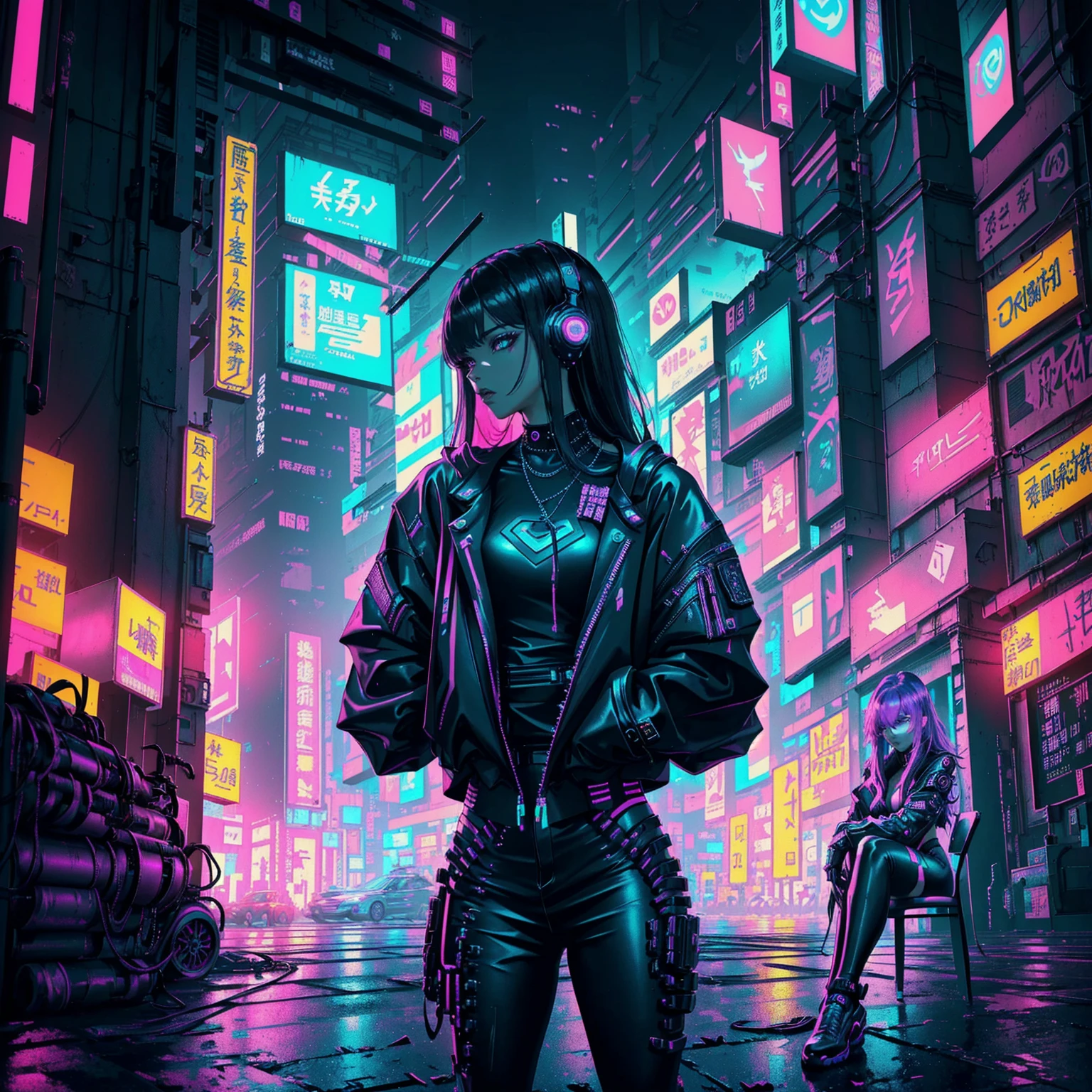 Lalisa,Aarav woman sitting on a chair in the city at night, in cyberpunk style, Cyberpunk art style, Cyberpunk vibes, Cyberpunk vibe, in Cyberpunk aesthetic, digital cyberpunk - anime art, Cyberpunk aesthetics, Cyberpunk aesthetic, Cyberpunk with neon lights, It has a cyberpunk style., cyberpunk vaporwave, Neon Cyberpunk, cyberpunk streetwear, Cyberpunk art style, Hyper-realistic cyberpunk style