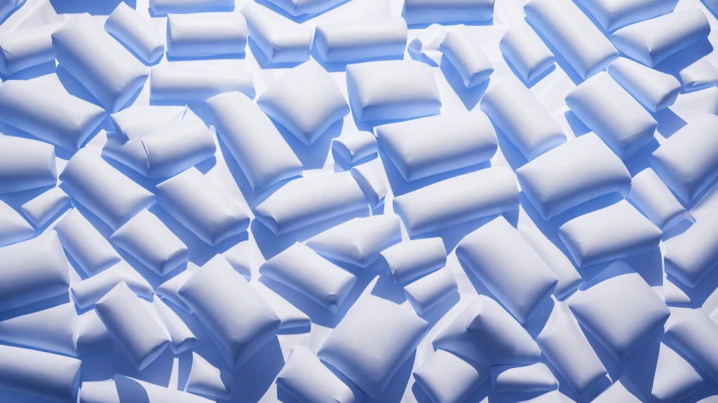 A wall composed of inflatable blocks，Realistic of a inflatable installation in the shape, white inflatable plastic film material, wrapped in a white polyester sheet. close-up，Front view，minimalist, most best quality,32K Ultra HD, super detail, best quality, highres, high details，Top view
