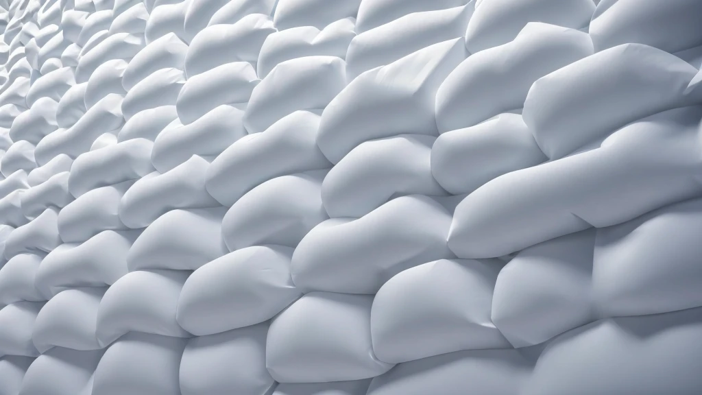 A wall composed of inflatable blocks,Realistic of a inflatable installation in the shape, white inflatable plastic film material, wrapped in a white polyester sheet. close-up,Front view,minimalist, most best quality,32K Ultra HD, super detail, best quality, highres, high details,Top view